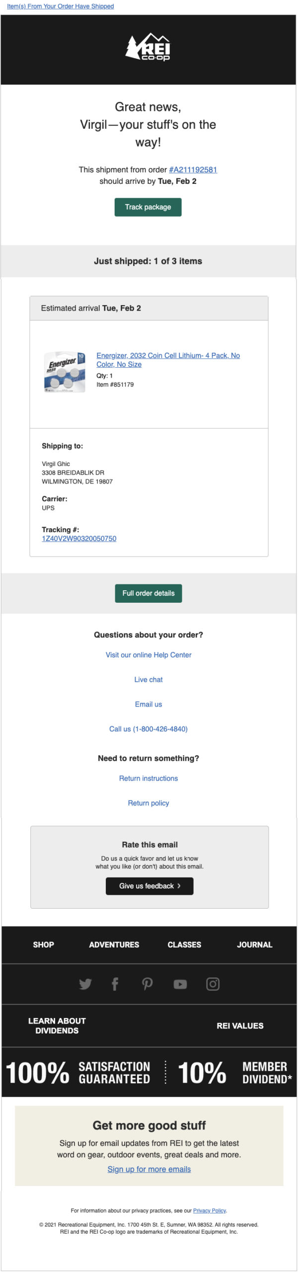 rei order shipped email