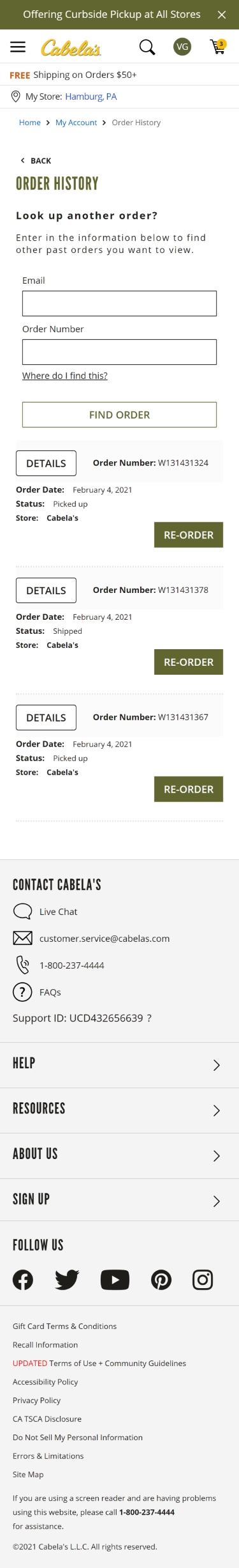 cabelas purchase history mobile