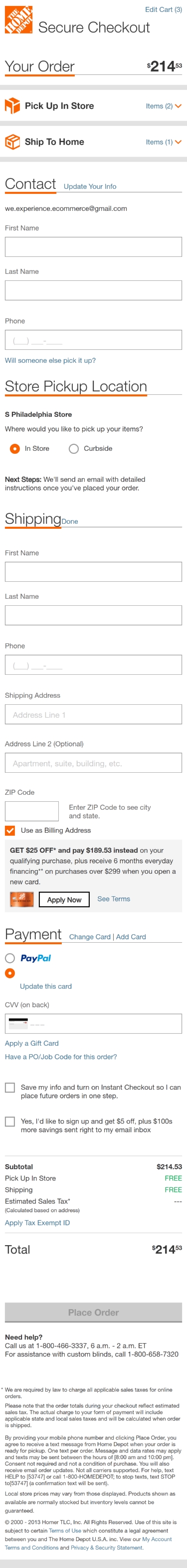 homedepot checkout page mobile