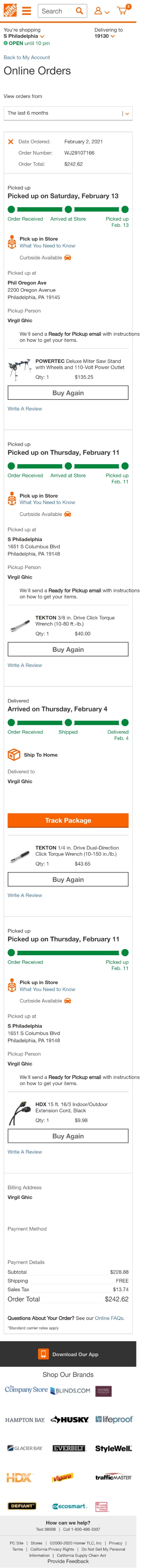 homedepot purchase history mobile
