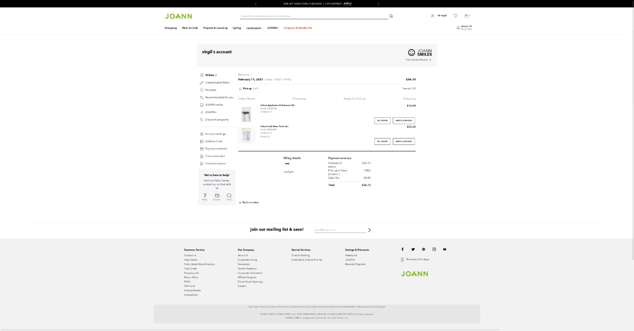 joann order detail page desktop