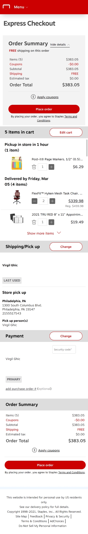 staples checkout page mobile