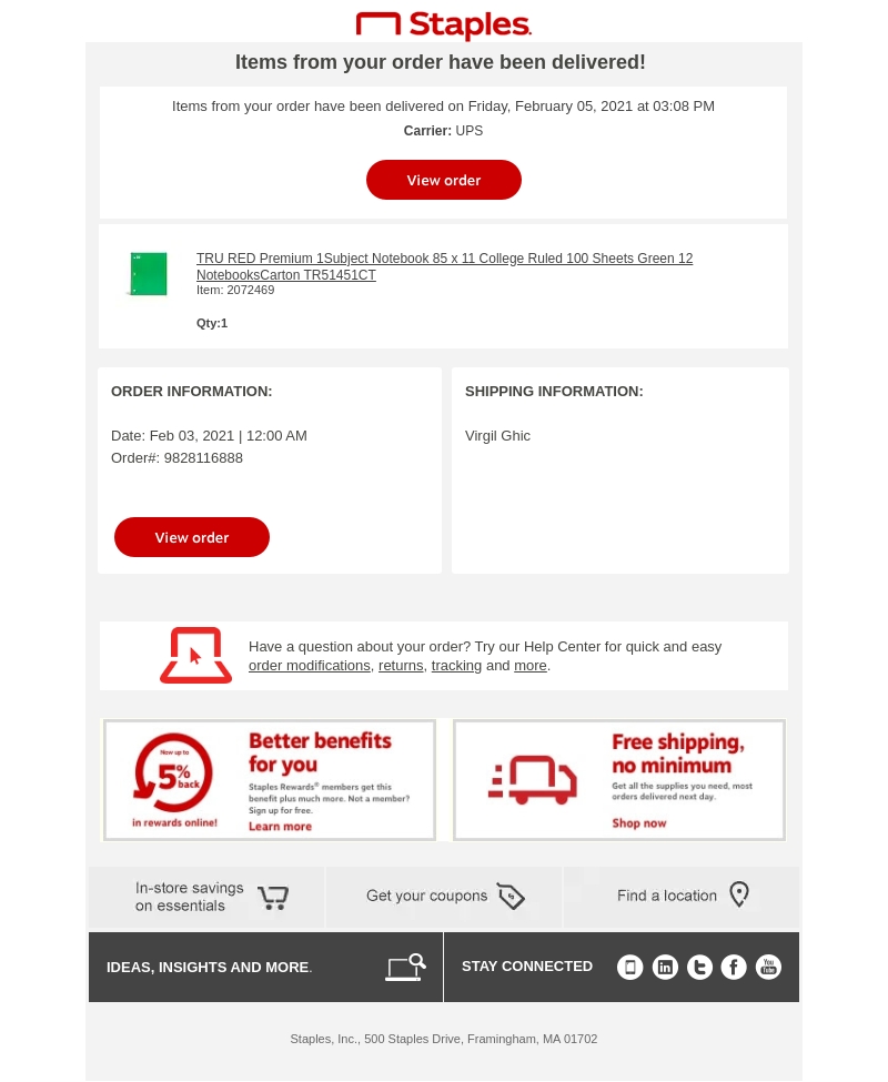 staples delivery confirmation email
