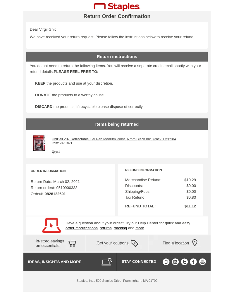 staples return confirmation email