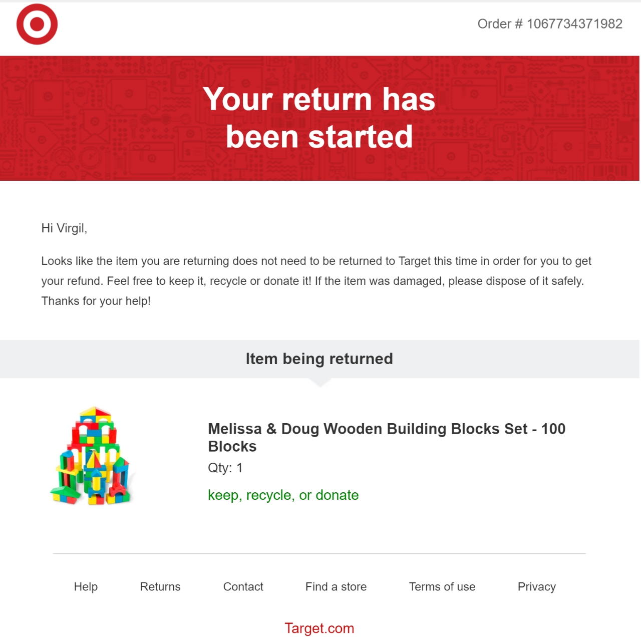 target return confirmation email