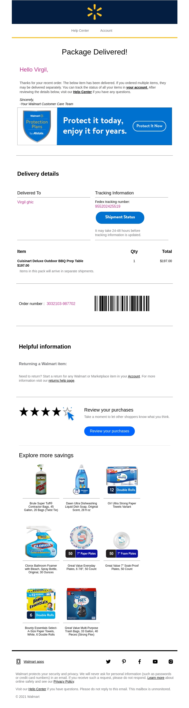walmart delivery confirmation email