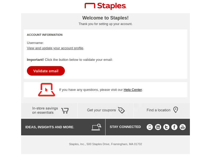 staples welcome email