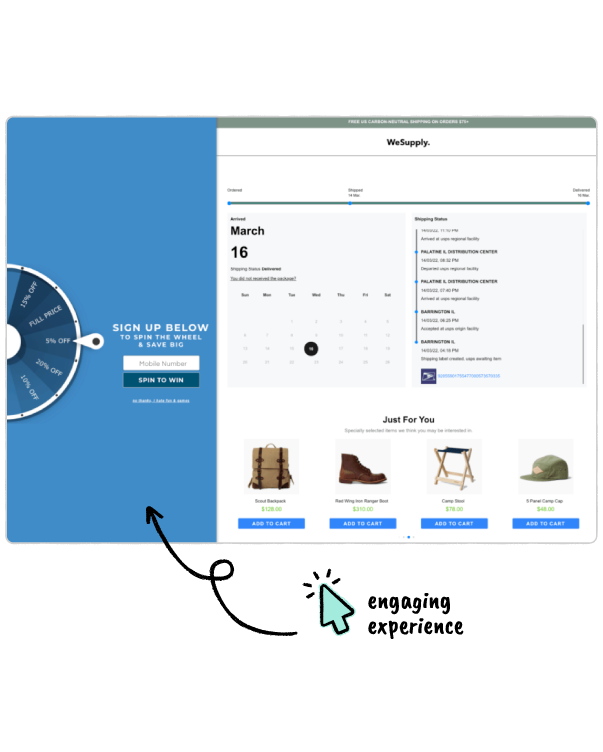 Justuno Spinning Wheel Gamification Order Tracking Page