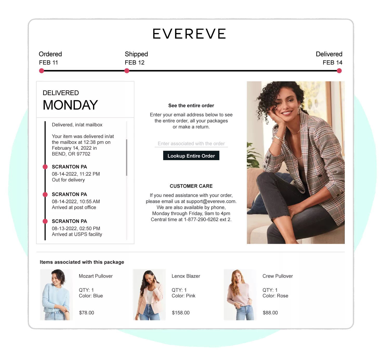 Evereve fashion store using order tracking braded page from WeSupply