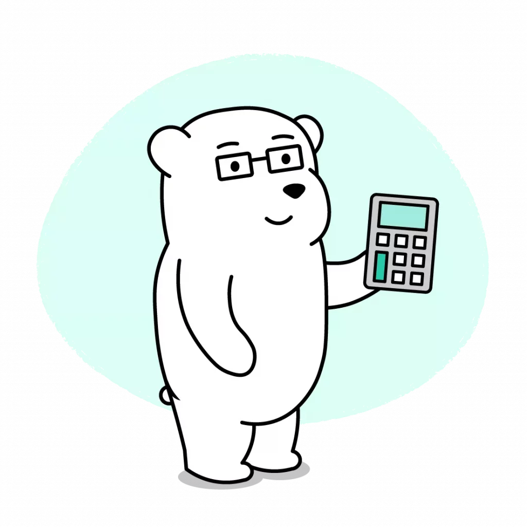 cartoon polar bear with glasses using calculator