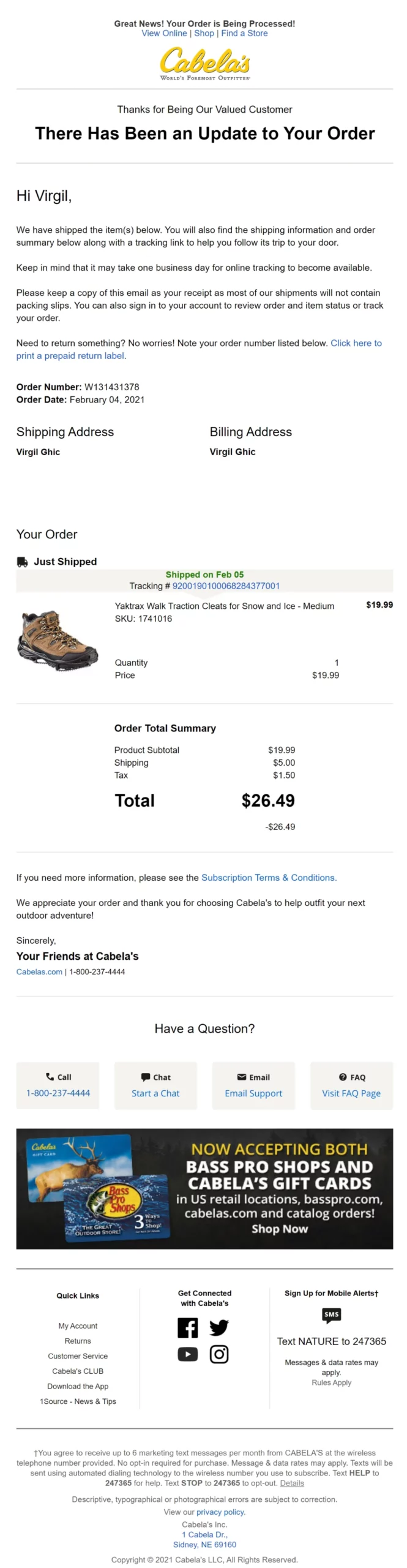 cabelas order shipped email