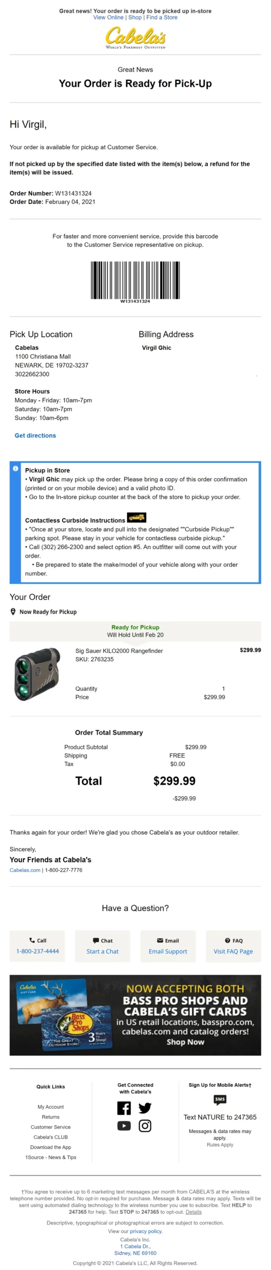 cabelas ready for pickup email