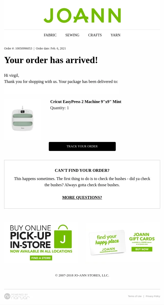 joann delivery confirmation email