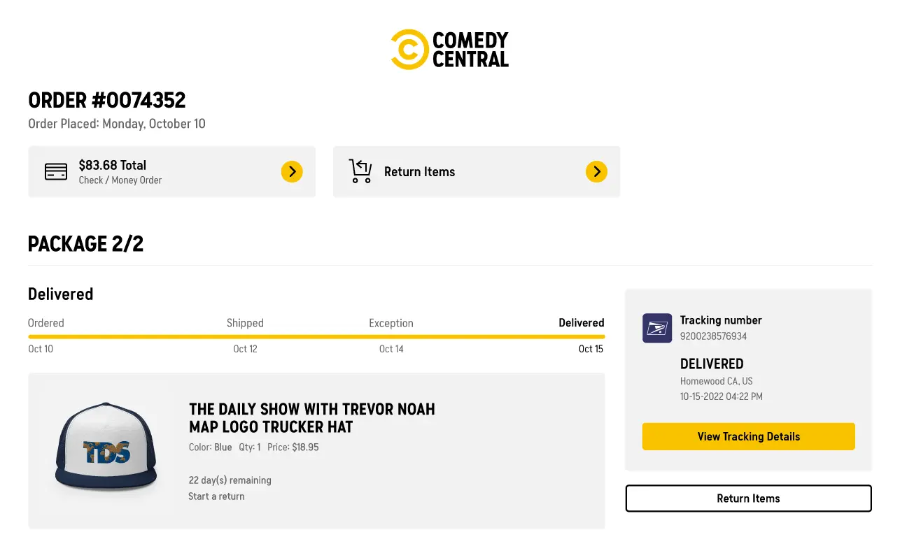 comedy central order details page