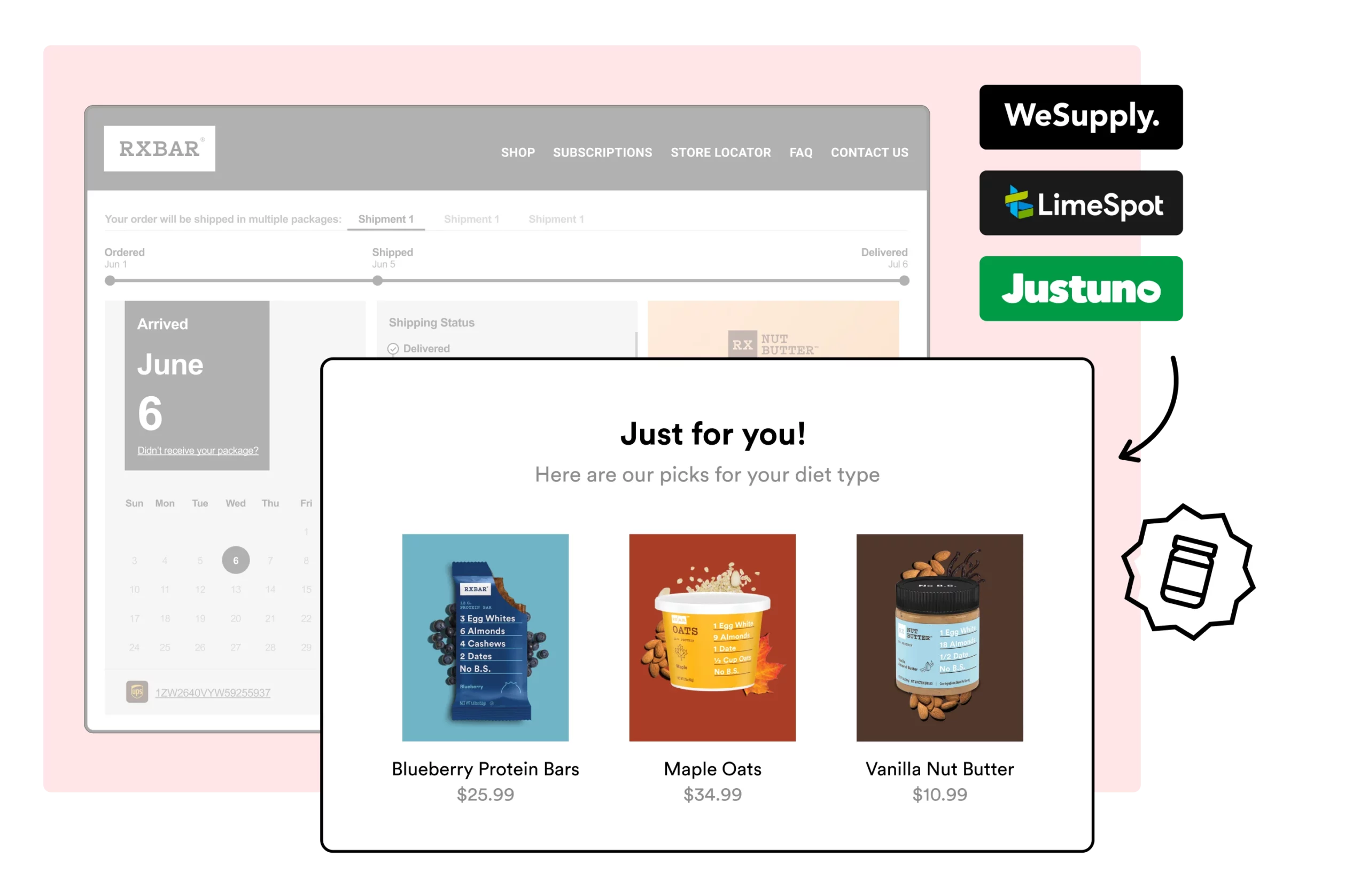 WeSupply Branded Tracking Page with Recommmended Products - rxbar