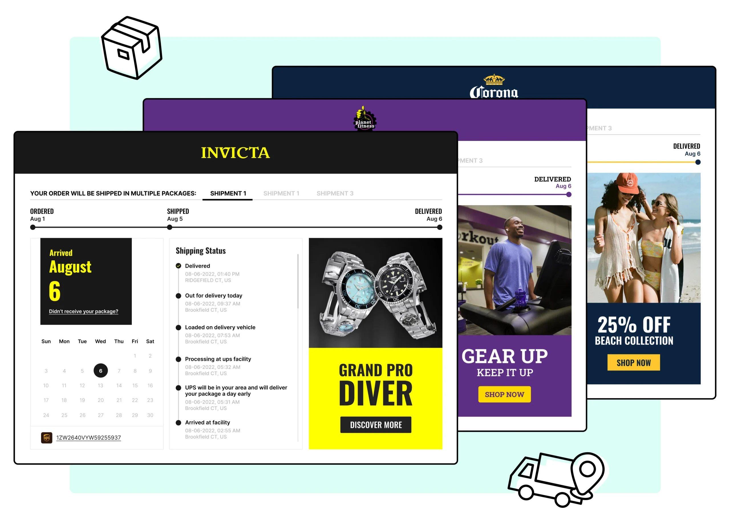 Invicta Wacthes Corona Cervreza and Planetfitness using WeSupply branded order tracking page