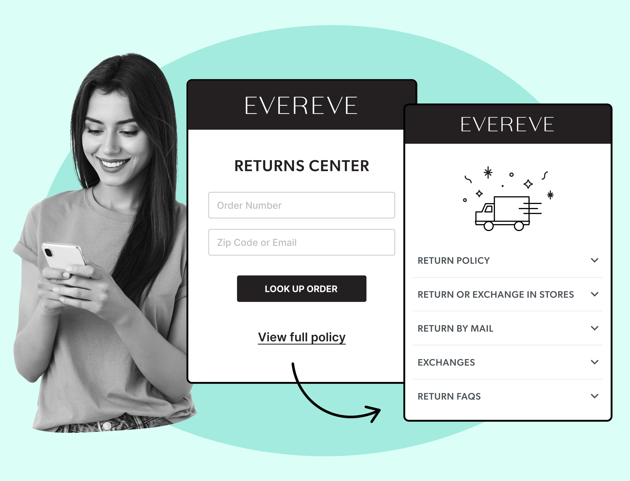 Evereve using WeSupply return center page to promote return policy page