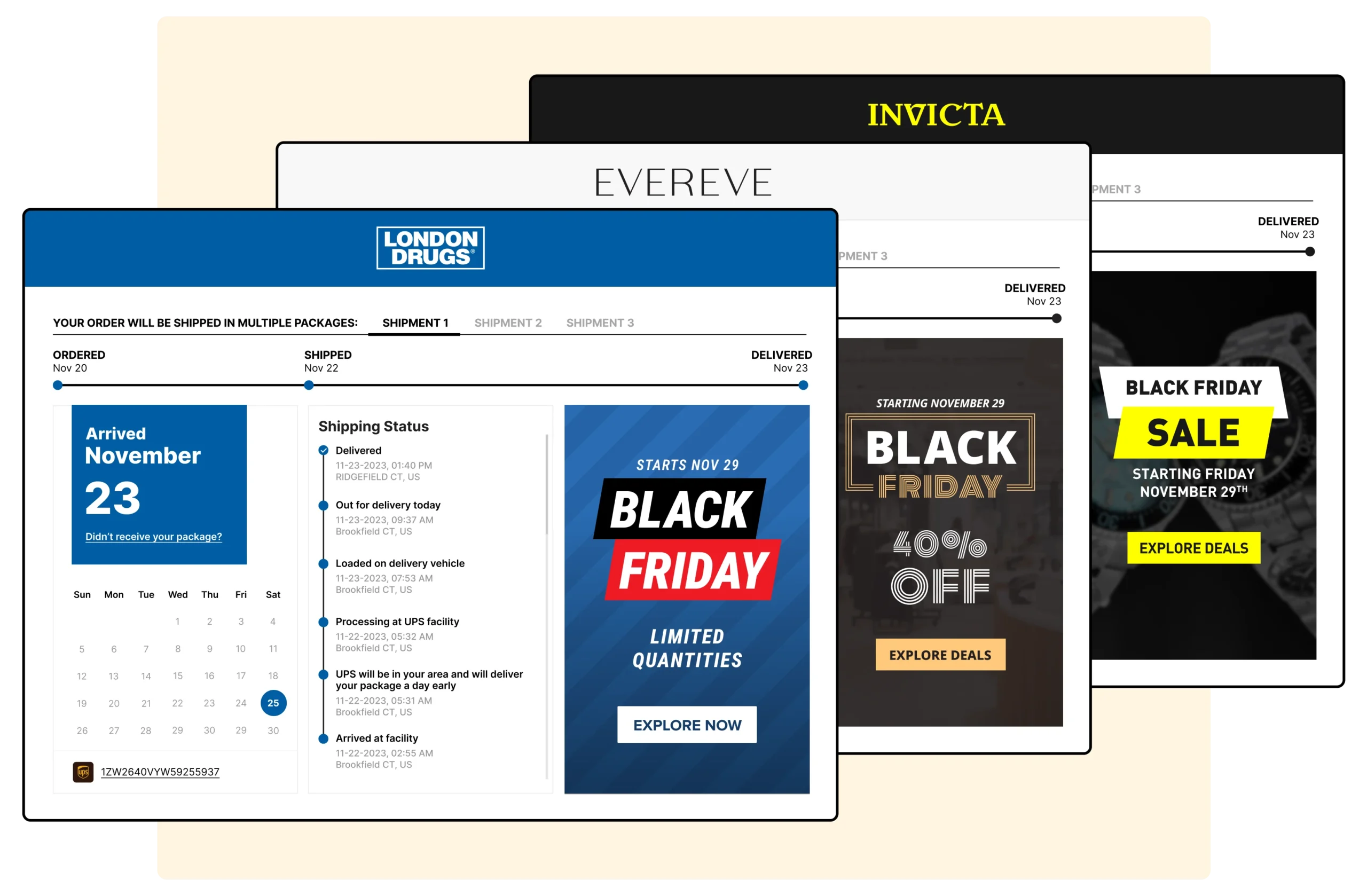 London Drugs Evereve and Invicta Watches using WeSupply branded tracking page to promote Black Friday campaign