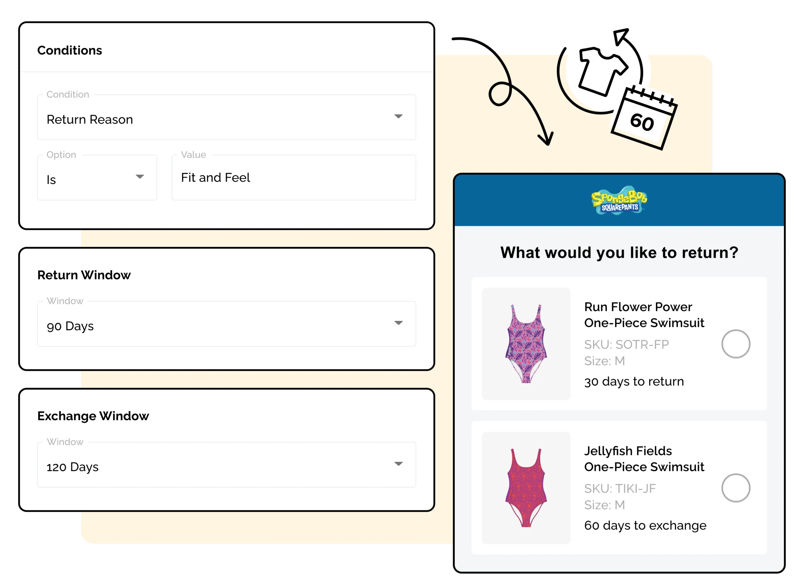 SpongeBob using WeSupply Return Rules to modify return and exchange windows for specific return reason