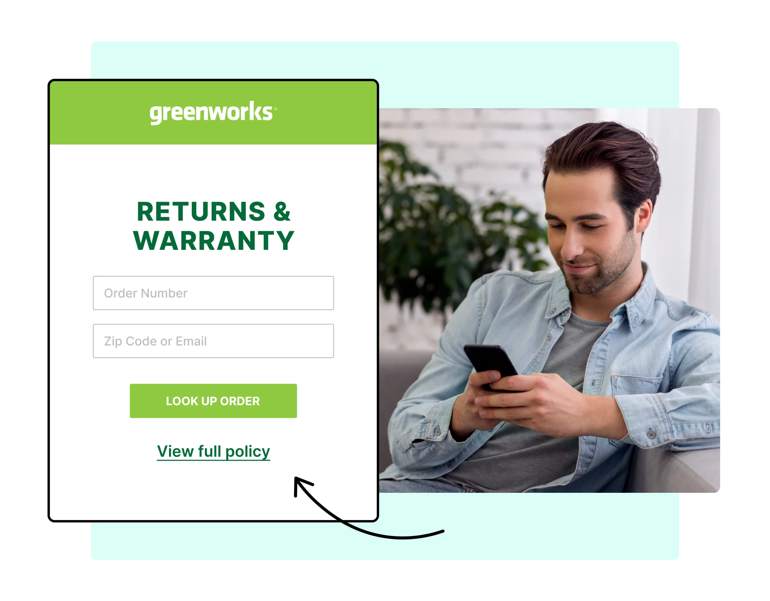 Greenworks using WeSupply return lookup page to showcase return policy