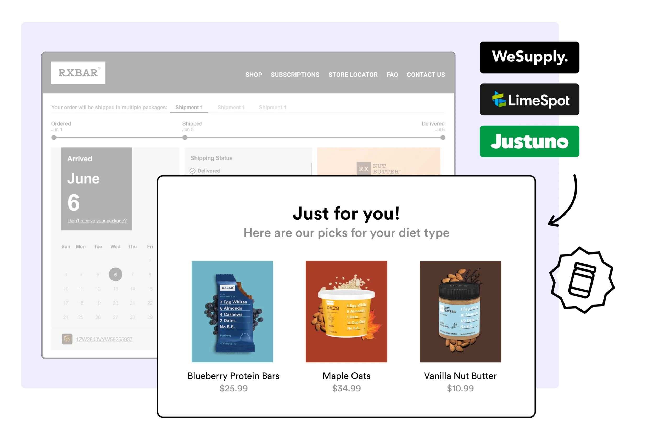WeSupply Branded Tracking Page with Recommmended Products - rxbar
