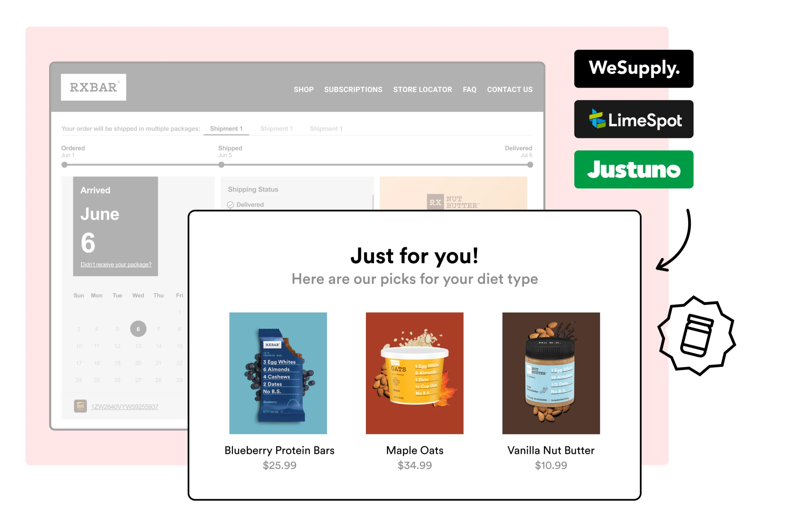 WeSupply Branded Tracking Page with Recommmended Products - rxbar