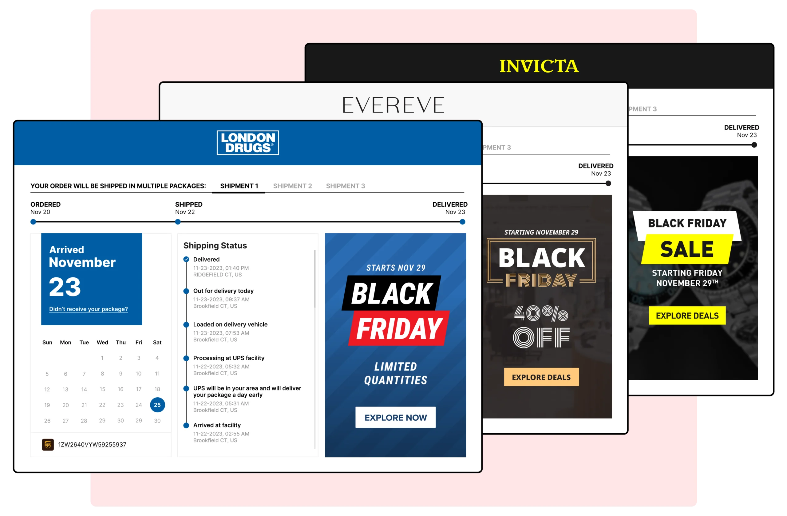London Drugs Evereve and Invicta Watches using WeSupply branded tracking page to promote Black Friday campaign