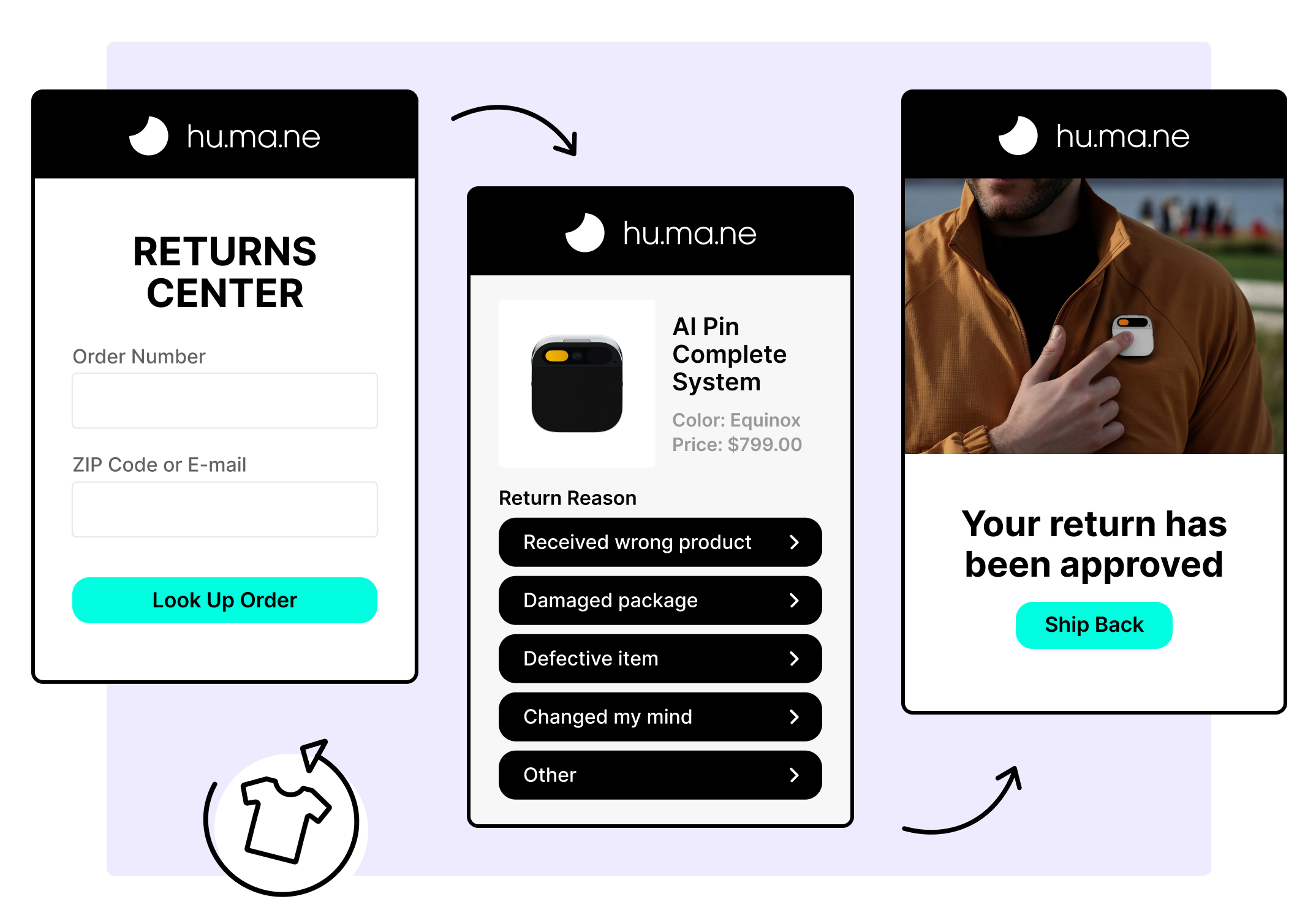 Humane AI pin using WeSupply Self Service return flow
