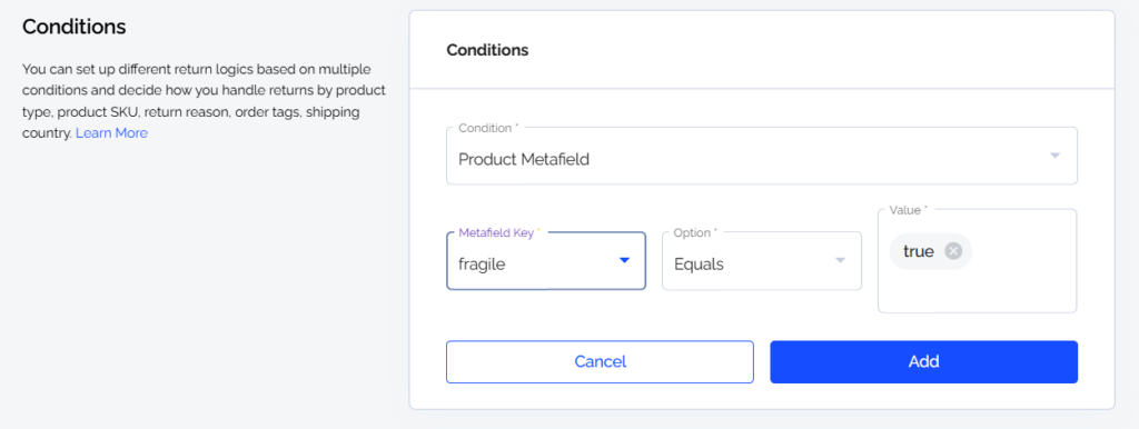 using shopify product metafield as return condition