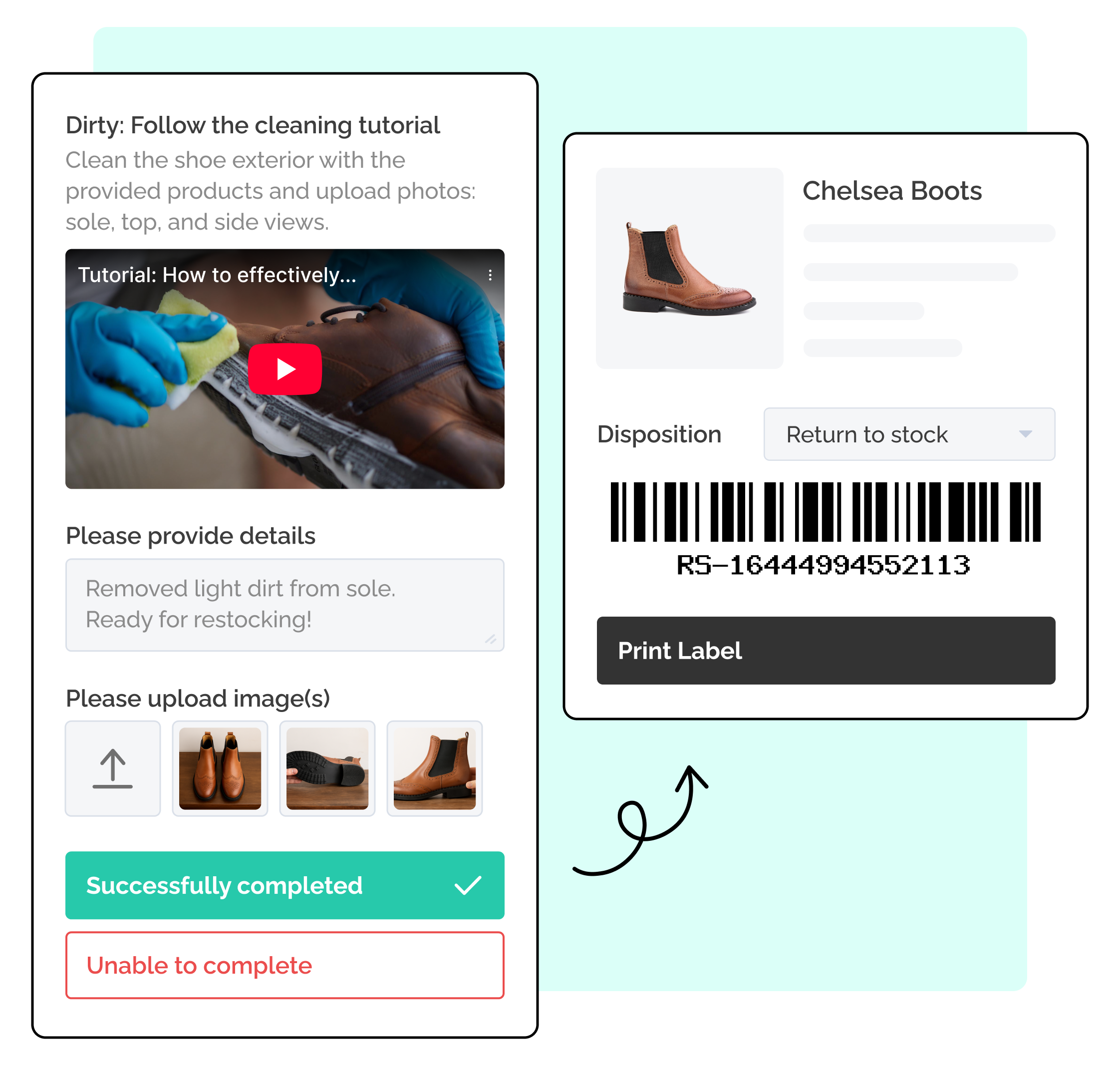 WeSupply advanced quality control - controlled chelsea boots - with cleaning tutorial - marked as ready for restocking - with option to print restocking label