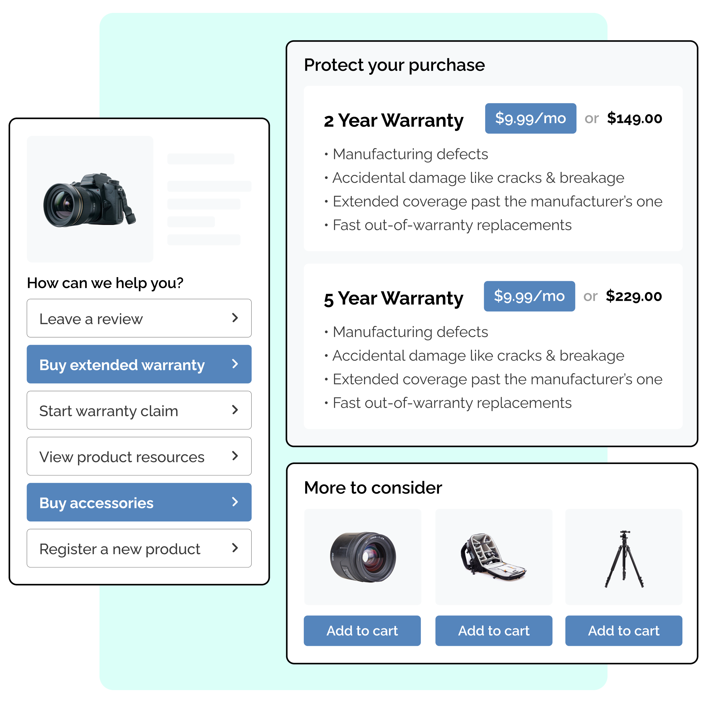 options after registering a warranty product - start warranty, extend warranty, buy accessories, leave review